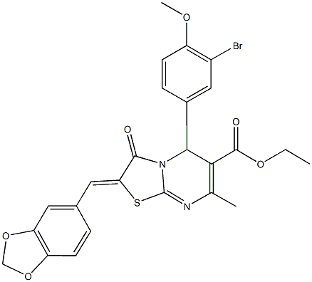 ethyl 2-(1,3-benzodioxol-5-ylmethylene)-5-(3-bromo-4-methoxyphenyl)-7-methyl-3-oxo-2,3-dihydro-5H-[1,3]thiazolo[3,2-a]pyrimidine-6-carboxylate 구조식 이미지