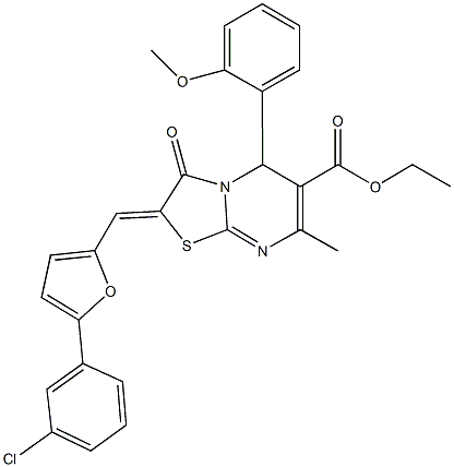 ethyl 2-{[5-(3-chlorophenyl)-2-furyl]methylene}-5-(2-methoxyphenyl)-7-methyl-3-oxo-2,3-dihydro-5H-[1,3]thiazolo[3,2-a]pyrimidine-6-carboxylate 구조식 이미지