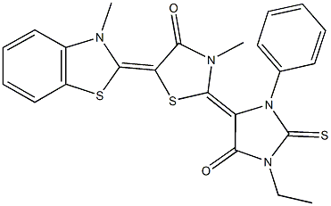 2-(1-ethyl-5-oxo-3-phenyl-2-thioxo-4-imidazolidinylidene)-3-methyl-5-(3-methyl-1,3-benzothiazol-2(3H)-ylidene)-1,3-thiazolidin-4-one 구조식 이미지