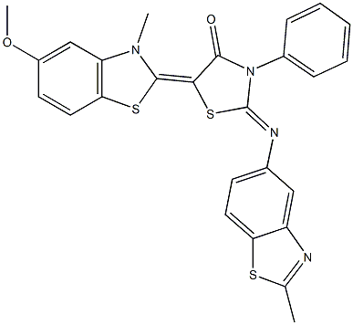 5-(5-methoxy-3-methyl-1,3-benzothiazol-2(3H)-ylidene)-2-[(2-methyl-1,3-benzothiazol-5-yl)imino]-3-phenyl-1,3-thiazolidin-4-one 구조식 이미지