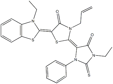 3-allyl-5-(3-ethyl-1,3-benzothiazol-2(3H)-ylidene)-2-(1-ethyl-5-oxo-3-phenyl-2-thioxo-4-imidazolidinylidene)-1,3-thiazolidin-4-one 구조식 이미지