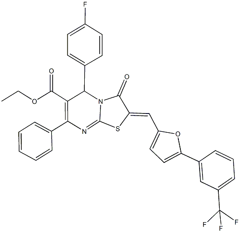 ethyl 5-(4-fluorophenyl)-3-oxo-7-phenyl-2-({5-[3-(trifluoromethyl)phenyl]-2-furyl}methylene)-2,3-dihydro-5H-[1,3]thiazolo[3,2-a]pyrimidine-6-carboxylate 구조식 이미지