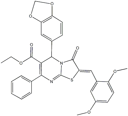 ethyl 5-(1,3-benzodioxol-5-yl)-2-(2,5-dimethoxybenzylidene)-3-oxo-7-phenyl-2,3-dihydro-5H-[1,3]thiazolo[3,2-a]pyrimidine-6-carboxylate 구조식 이미지