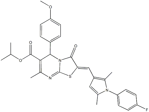 isopropyl 2-{[1-(4-fluorophenyl)-2,5-dimethyl-1H-pyrrol-3-yl]methylene}-5-(4-methoxyphenyl)-7-methyl-3-oxo-2,3-dihydro-5H-[1,3]thiazolo[3,2-a]pyrimidine-6-carboxylate 구조식 이미지