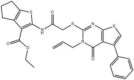 ethyl 2-({[(3-allyl-4-oxo-5-phenyl-3,4-dihydrothieno[2,3-d]pyrimidin-2-yl)sulfanyl]acetyl}amino)-5,6-dihydro-4H-cyclopenta[b]thiophene-3-carboxylate 구조식 이미지