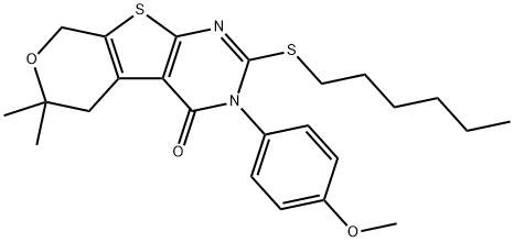 2-(hexylsulfanyl)-3-(4-methoxyphenyl)-6,6-dimethyl-3,5,6,8-tetrahydro-4H-pyrano[4',3':4,5]thieno[2,3-d]pyrimidin-4-one 구조식 이미지