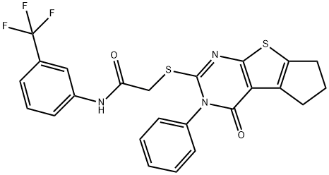 2-[(4-oxo-3-phenyl-3,5,6,7-tetrahydro-4H-cyclopenta[4,5]thieno[2,3-d]pyrimidin-2-yl)sulfanyl]-N-[3-(trifluoromethyl)phenyl]acetamide 구조식 이미지