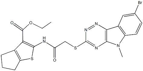 ethyl 2-({[(8-bromo-5-methyl-5H-[1,2,4]triazino[5,6-b]indol-3-yl)sulfanyl]acetyl}amino)-5,6-dihydro-4H-cyclopenta[b]thiophene-3-carboxylate 구조식 이미지