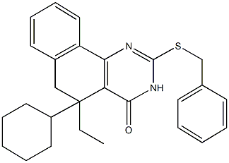 2-(benzylsulfanyl)-5-cyclohexyl-5-ethyl-5,6-dihydrobenzo[h]quinazolin-4(3H)-one 구조식 이미지