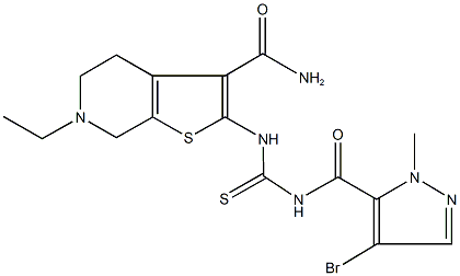 2-[({[(4-bromo-1-methyl-1H-pyrazol-5-yl)carbonyl]amino}carbothioyl)amino]-6-ethyl-4,5,6,7-tetrahydrothieno[2,3-c]pyridine-3-carboxamide Structure