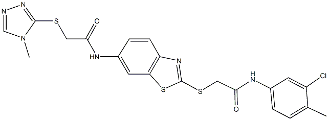 N-(2-{[2-(3-chloro-4-methylanilino)-2-oxoethyl]sulfanyl}-1,3-benzothiazol-6-yl)-2-[(4-methyl-4H-1,2,4-triazol-3-yl)sulfanyl]acetamide 구조식 이미지