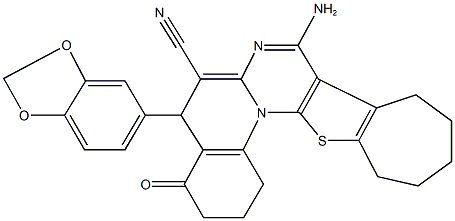 8-amino-5-(1,3-benzodioxol-5-yl)-4-oxo-1,3,4,5,10,11,12,13-octahydro-2H,9H-cyclohepta[4',5']thieno[3',2':5,6]pyrimido[1,2-a]quinoline-6-carbonitrile 구조식 이미지