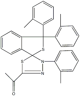 1-[1,1,4'-tris(2-methylphenyl)-1,3,4',5'-tetrahydrospiro(2-benzothiophene-3,5'-[1,3,4]-thiadiazole)-2'-yl]ethanone 구조식 이미지