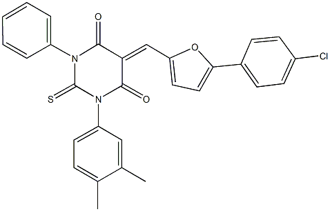 5-{[5-(4-chlorophenyl)-2-furyl]methylene}-1-(3,4-dimethylphenyl)-3-phenyl-2-thioxodihydro-4,6(1H,5H)-pyrimidinedione Structure