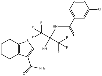 2-{[1-[(3-chlorobenzoyl)amino]-2,2,2-trifluoro-1-(trifluoromethyl)ethyl]amino}-4,5,6,7-tetrahydro-1-benzothiophene-3-carboxamide Structure