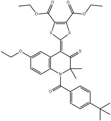 diethyl 2-(1-(4-tert-butylbenzoyl)-6-ethoxy-2,2-dimethyl-3-thioxo-2,3-dihydro-4(1H)-quinolinylidene)-1,3-dithiole-4,5-dicarboxylate Structure