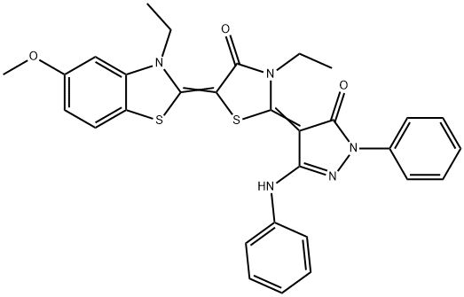 2-(3-anilino-5-oxo-1-phenyl-1,5-dihydro-4H-pyrazol-4-ylidene)-3-ethyl-5-(3-ethyl-5-methoxy-1,3-benzothiazol-2(3H)-ylidene)-1,3-thiazolidin-4-one 구조식 이미지