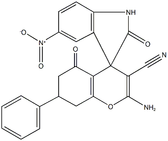 2-amino-3-cyano-2',5-dioxo-1',3',5,6,7,8-hexahydro-5'-nitro-7-phenylspiro[4H-chromene-4,3'-(2'H)-indole] Structure