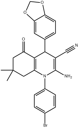 2-amino-4-(1,3-benzodioxol-5-yl)-1-(4-bromophenyl)-7,7-dimethyl-5-oxo-1,4,5,6,7,8-hexahydro-3-quinolinecarbonitrile Structure