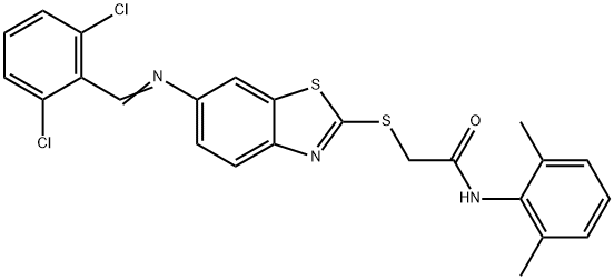 2-({6-[(2,6-dichlorobenzylidene)amino]-1,3-benzothiazol-2-yl}sulfanyl)-N-(2,6-dimethylphenyl)acetamide 구조식 이미지