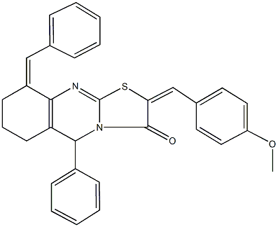 9-benzylidene-2-(4-methoxybenzylidene)-5-phenyl-6,7,8,9-tetrahydro-5H-[1,3]thiazolo[2,3-b]quinazolin-3(2H)-one Structure