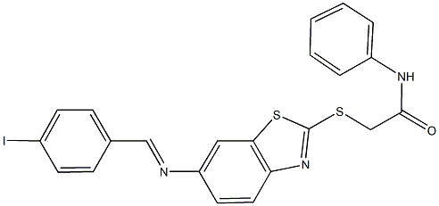 2-({6-[(4-iodobenzylidene)amino]-1,3-benzothiazol-2-yl}sulfanyl)-N-phenylacetamide 구조식 이미지