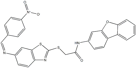 N-dibenzo[b,d]furan-3-yl-2-{[6-({4-nitrobenzylidene}amino)-1,3-benzothiazol-2-yl]sulfanyl}acetamide 구조식 이미지