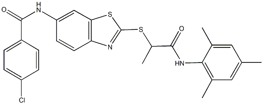 4-chloro-N-(2-{[2-(mesitylamino)-1-methyl-2-oxoethyl]sulfanyl}-1,3-benzothiazol-6-yl)benzamide 구조식 이미지