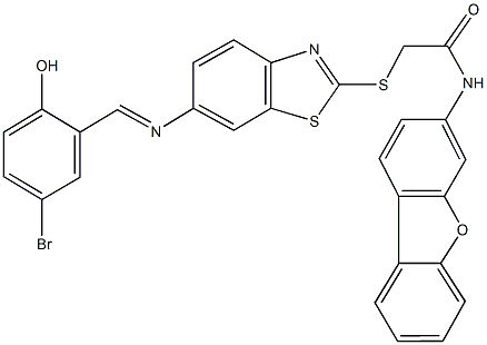 2-({6-[(5-bromo-2-hydroxybenzylidene)amino]-1,3-benzothiazol-2-yl}sulfanyl)-N-dibenzo[b,d]furan-3-ylacetamide Structure