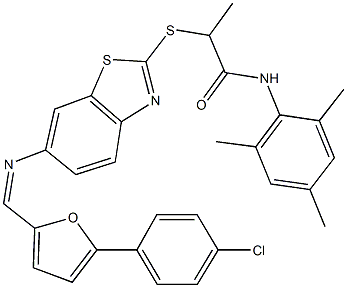 2-{[6-({[5-(4-chlorophenyl)-2-furyl]methylene}amino)-1,3-benzothiazol-2-yl]sulfanyl}-N-mesitylpropanamide Structure