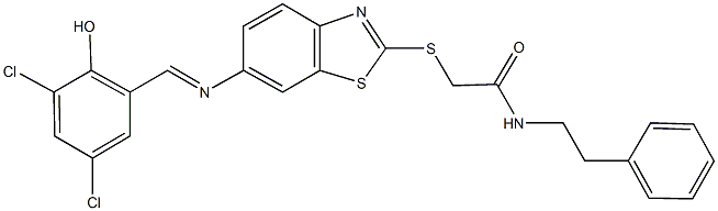 2-({6-[(3,5-dichloro-2-hydroxybenzylidene)amino]-1,3-benzothiazol-2-yl}sulfanyl)-N-(2-phenylethyl)acetamide 구조식 이미지