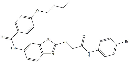 N-(2-{[2-(4-bromoanilino)-2-oxoethyl]sulfanyl}-1,3-benzothiazol-6-yl)-4-butoxybenzamide 구조식 이미지