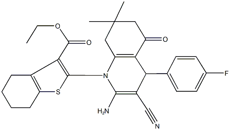 ethyl 2-(2-amino-3-cyano-4-(4-fluorophenyl)-7,7-dimethyl-5-oxo-5,6,7,8-tetrahydro-1(4H)-quinolinyl)-4,5,6,7-tetrahydro-1-benzothiophene-3-carboxylate Structure