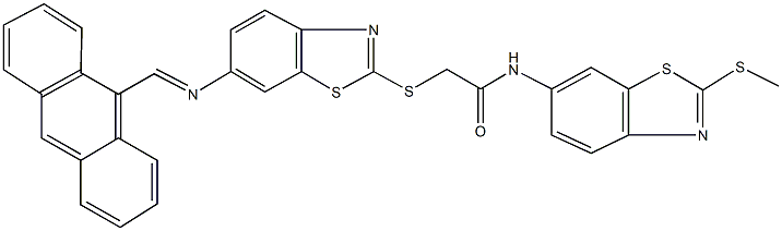 2-({6-[(9-anthrylmethylene)amino]-1,3-benzothiazol-2-yl}sulfanyl)-N-[2-(methylsulfanyl)-1,3-benzothiazol-6-yl]acetamide Structure