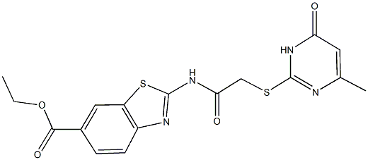 ethyl 2-({[(4-methyl-6-oxo-1,6-dihydro-2-pyrimidinyl)sulfanyl]acetyl}amino)-1,3-benzothiazole-6-carboxylate 구조식 이미지
