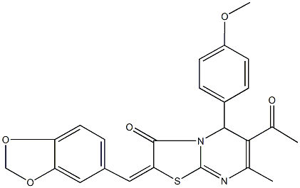 6-acetyl-2-(1,3-benzodioxol-5-ylmethylene)-5-(4-methoxyphenyl)-7-methyl-5H-[1,3]thiazolo[3,2-a]pyrimidin-3(2H)-one 구조식 이미지