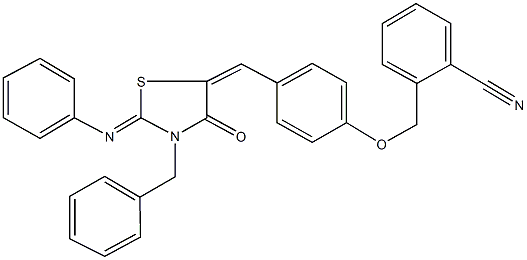 2-[(4-{[3-benzyl-4-oxo-2-(phenylimino)-1,3-thiazolidin-5-ylidene]methyl}phenoxy)methyl]benzonitrile Structure