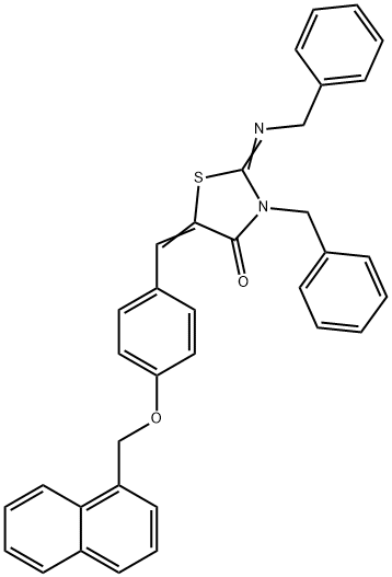 3-benzyl-2-(benzylimino)-5-[4-(1-naphthylmethoxy)benzylidene]-1,3-thiazolidin-4-one 구조식 이미지