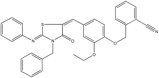 2-[(4-{[3-benzyl-4-oxo-2-(phenylimino)-1,3-thiazolidin-5-ylidene]methyl}-2-ethoxyphenoxy)methyl]benzonitrile 구조식 이미지