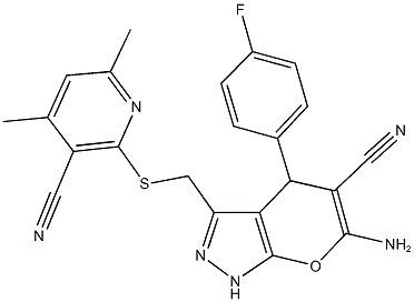 6-amino-3-{[(3-cyano-4,6-dimethyl-2-pyridinyl)sulfanyl]methyl}-4-(4-fluorophenyl)-1,4-dihydropyrano[2,3-c]pyrazole-5-carbonitrile 구조식 이미지