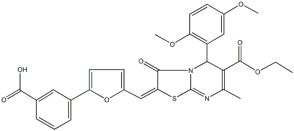 3-{5-[(5-(2,5-dimethoxyphenyl)-6-(ethoxycarbonyl)-7-methyl-3-oxo-5H-[1,3]thiazolo[3,2-a]pyrimidin-2(3H)-ylidene)methyl]-2-furyl}benzoic acid 구조식 이미지