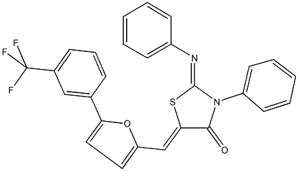 3-phenyl-2-(phenylimino)-5-({5-[3-(trifluoromethyl)phenyl]-2-furyl}methylene)-1,3-thiazolidin-4-one 구조식 이미지