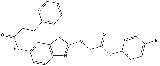 N-(2-{[2-(4-bromoanilino)-2-oxoethyl]sulfanyl}-1,3-benzothiazol-6-yl)-3-phenylpropanamide 구조식 이미지