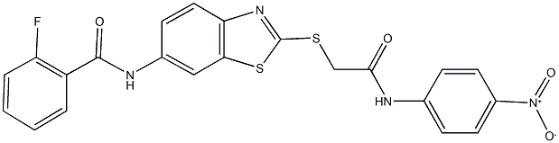 2-fluoro-N-{2-[(2-{4-nitroanilino}-2-oxoethyl)sulfanyl]-1,3-benzothiazol-6-yl}benzamide Structure