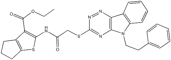 ethyl 2-[({[5-(2-phenylethyl)-5H-[1,2,4]triazino[5,6-b]indol-3-yl]sulfanyl}acetyl)amino]-5,6-dihydro-4H-cyclopenta[b]thiophene-3-carboxylate 구조식 이미지