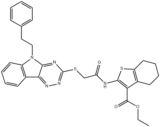 ethyl 2-[({[5-(2-phenylethyl)-5H-[1,2,4]triazino[5,6-b]indol-3-yl]sulfanyl}acetyl)amino]-4,5,6,7-tetrahydro-1-benzothiophene-3-carboxylate 구조식 이미지
