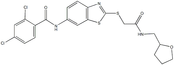 2,4-dichloro-N-[2-({2-oxo-2-[(tetrahydro-2-furanylmethyl)amino]ethyl}sulfanyl)-1,3-benzothiazol-6-yl]benzamide 구조식 이미지