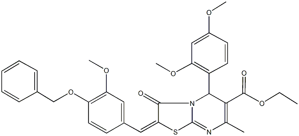 ethyl 2-[4-(benzyloxy)-3-methoxybenzylidene]-5-(2,4-dimethoxyphenyl)-7-methyl-3-oxo-2,3-dihydro-5H-[1,3]thiazolo[3,2-a]pyrimidine-6-carboxylate 구조식 이미지