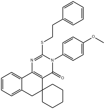 3-(4-methoxyphenyl)-2-[(2-phenylethyl)sulfanyl]-5,6-dihydrospiro(benzo[h]quinazoline-5,1'-cyclohexane)-4(3H)-one 구조식 이미지