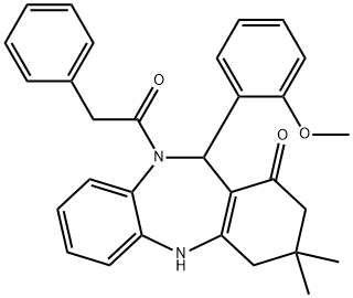 11-(2-methoxyphenyl)-3,3-dimethyl-10-(phenylacetyl)-2,3,4,5,10,11-hexahydro-1H-dibenzo[b,e][1,4]diazepin-1-one 구조식 이미지